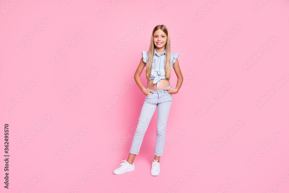 Full length photo of attractive nice lovely adorable girl kid have weekend holiday wear casual style clothes isolated over pastel color background Full length photo of attractive nice lovely adorable girl kid have weekend holiday wear casual style clothes isolated over pastel color background