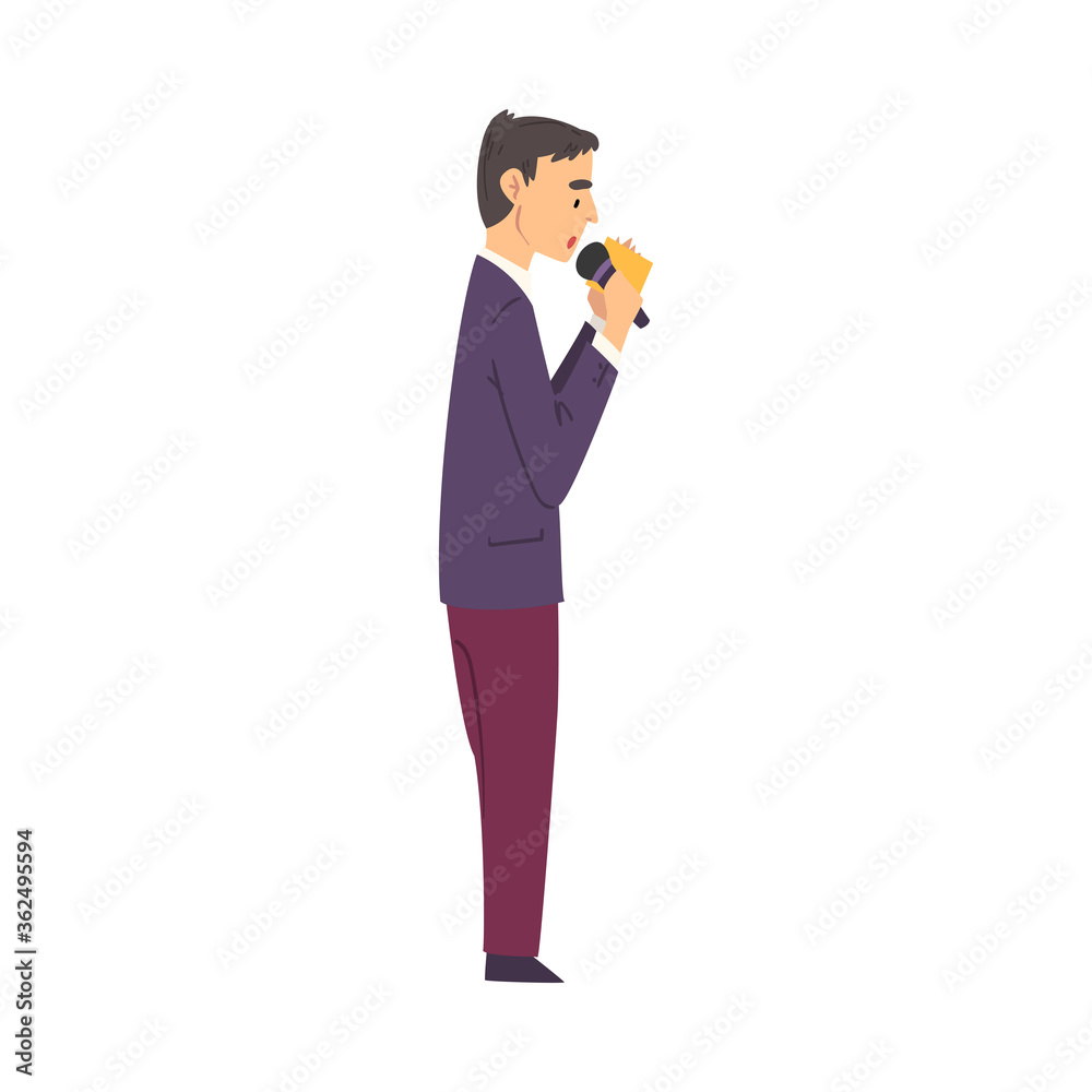 Male Presenter, TV Show Host with Microphone on Stage, Side View Cartoon Style Vector Illustration on White Background Male Presenter, TV Show Host with Microphone on Stage, Side View Cartoon Style Vector Illustration on White Background