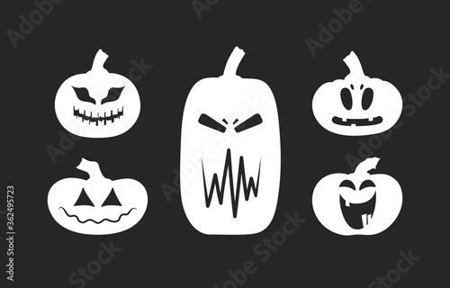 Halloween party smiling jack o lantern scary clipart.  October holiday pumpkin silhouettes set with spooky scary faces. 	