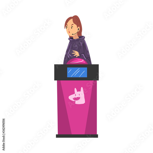 Woman Guessing Questions on Quiz Show, Girl Answering Question on Television Intellectual Game Cartoon Style Vector Illustration