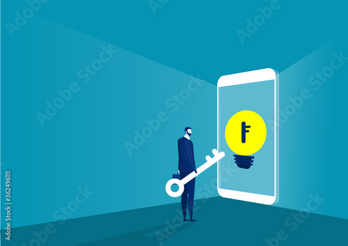 Business Hold Key Look to unlock on smartphone Vector Illustration