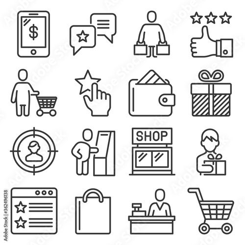 Buyer, Customer and Promotion Icons Set. Line Style Vector