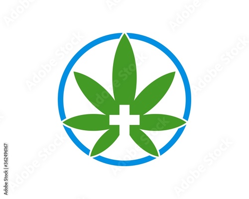 Circle shape with cannabis leaf and health symbol