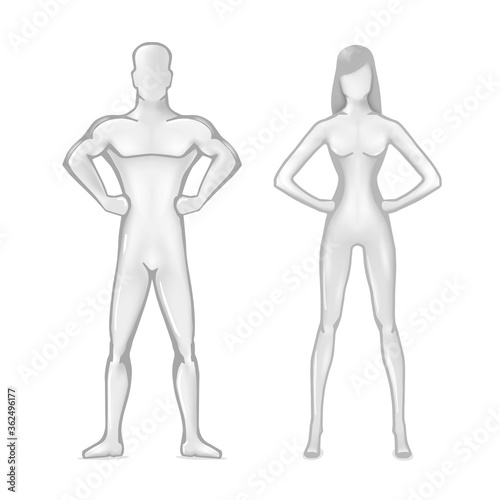 Stylized ideal body of man and woman with muscles on white background. Muscle silhouette of male and female in vector. Attractive athletic anatomy of men. Symbol of confident pose.