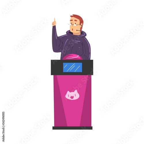 Man Guessing Quiz Question, Participant Answering Question on Television Intellectual Game Cartoon Style Vector Illustration