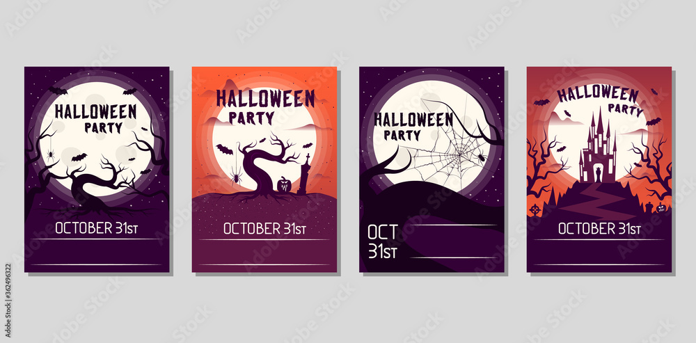 Halloween flyer with pumpkins, cemetery, haunted house, bats, spiderweb, spiders and vampire under the moon for october 31 night. Vector isolated horror posters. Party invitation leaflet.