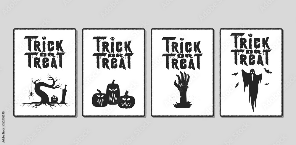 Halloween invitation leaflet. Trick or treat flyers with pumpkins, cemetery, bats, spiders and zombie under the moon for october 31 party night. Vector isolated horror posters. Halloween invitation leaflet. Trick or treat flyers with pumpkins, cemetery, bats, spiders and zombie under the moon for october 31 party night. Vector isolated horror posters.
