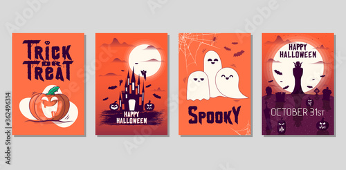 Party invitation leaflet. Happy Halloween flyers with pumpkins, cemetery, haunted house, bats, spiderweb, spiders and vampire under the moon for october 31 night. Vector isolated horror posters. 