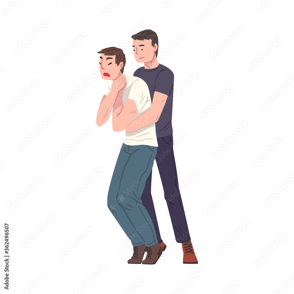 Young Man Saving Life of Man Performing Abdominal Thrusts, First Aid to Choking Person Vector Illustration on White Background. Young Man Saving Life of Man Performing Abdominal Thrusts, First Aid to Choking Person Vector Illustration on White Background.