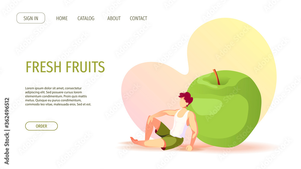 Website design with green apple and tiny man. Healthy eating, Organic food, Dessert, Diet, Fresh fruit, Online food ordering concept. Vector illustration for poster, banner, cover. Website design with green apple and tiny man. Healthy eating, Organic food, Dessert, Diet, Fresh fruit, Online food ordering concept. Vector illustration for poster, banner, cover.