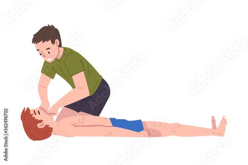 First Aid to Drowned Person, Young Man Helping Friend in Unconscious Drowning Vector Illustration