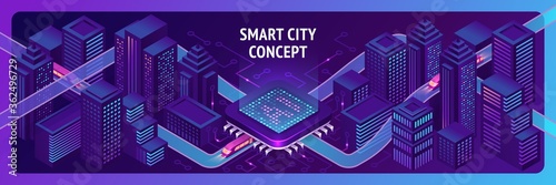Smart city isometric banner, ai trains driving through hub with microcircuit elements, neon glowing buildings and modern urban architecture, artificial intelligence technology 3d vector illustration
