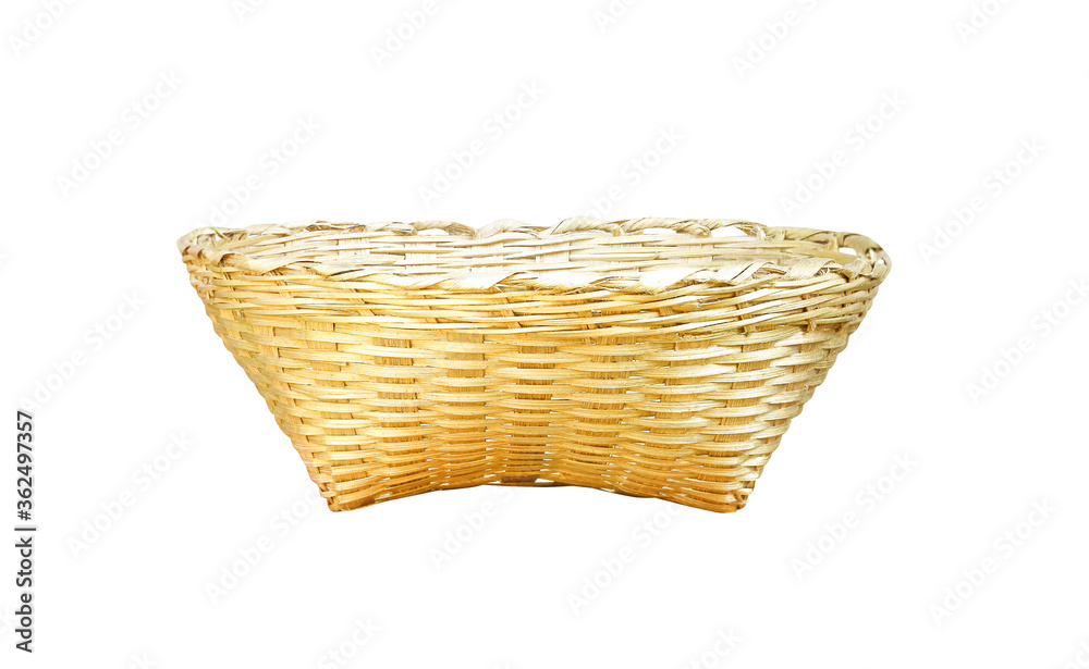 Brown or gold empty woven bamboo basket craft patterns isolated on white background and clipping path