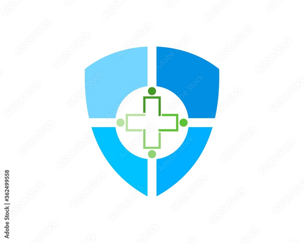 Blue shield with medical symbol in the middle Blue shield with medical symbol in the middle