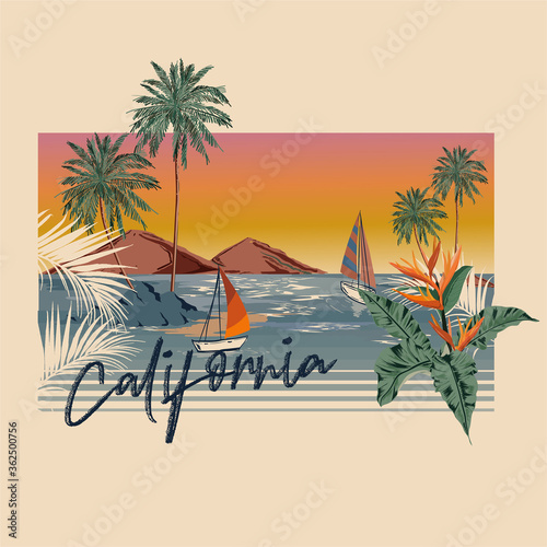 Vintage hand writing California typography with palm trees and island  Summer vacations beach , Design for fashion, T-shirt,graphic tee, Teaxtile ,card , Banners