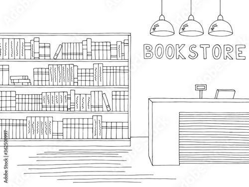 Book shop store interior graphic black white sketch illustration vector