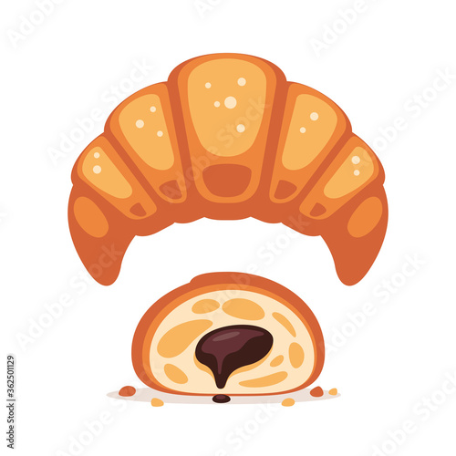 Baked croissant with side and cutaway. Flat style sweets. (ID: 362501129)