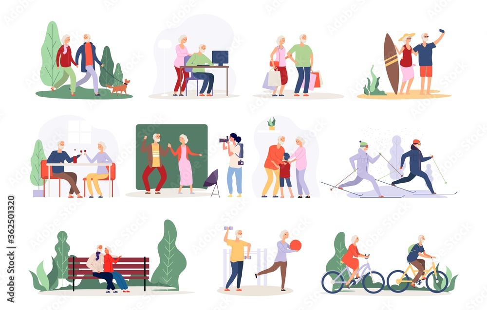 Obraz premium Old couple. Vector active people collection. Happy elderly characters. Old persons in cafe, park, forest. Grandmother grandfather vector set. Pensioner active happy and healthy illustration