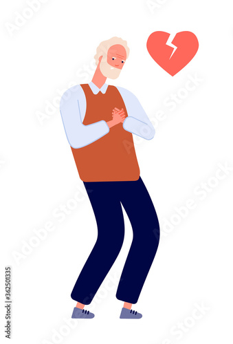 Heart attack. Adult man chest pain, old person has palpitation. Cardiac disease, patient with unhealthy symptom. Isolated vector character. Chest pain, heart attack, medical sick illustration