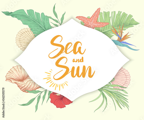 Sea and  sun. Background with tropical plants and shells