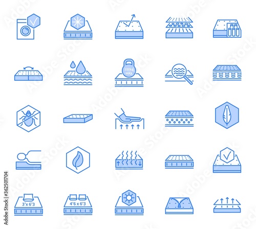 Orthopedic mattress icons. Memory foam, natural bedding line symbols. Breathable, latex and washable soft orthopedic outline beds vector set. Latex orthopedic mattress, breathable bedding illustration