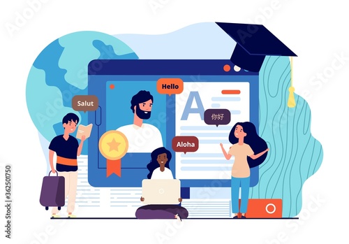 Learn foreign languages online. Distance learning, teacher country teaches children language on Internet. Individual lessons messenger vector. Illustration online study language and communication