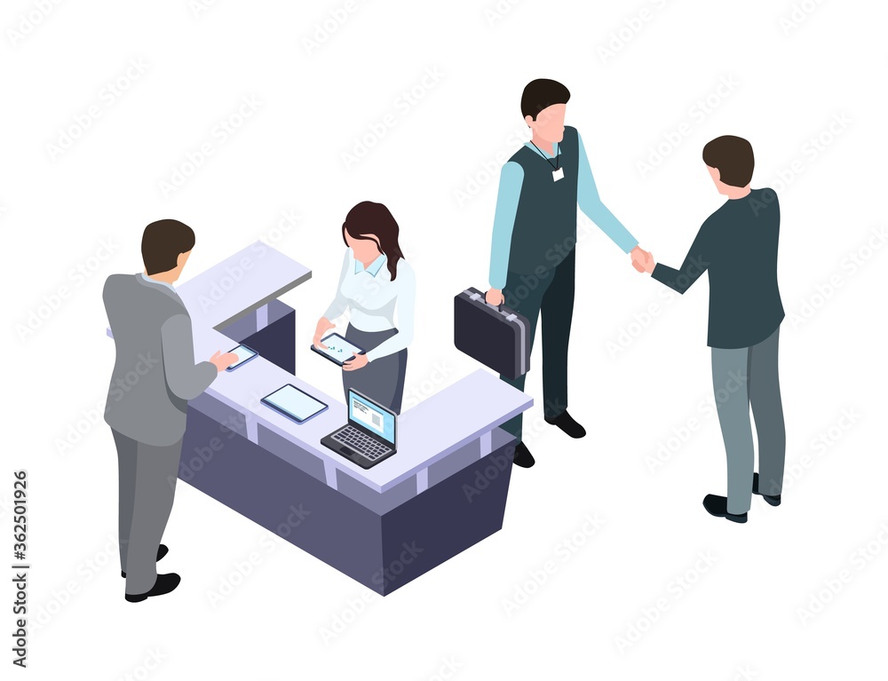 Isometric administrator. Woman talk with man. Business meeting and handshake. People on conference or office workers vector illustration. Receptionist cartoon, professional communication reception Isometric administrator. Woman talk with man. Business meeting and handshake. People on conference or office workers vector illustration. Receptionist cartoon, professional communication reception