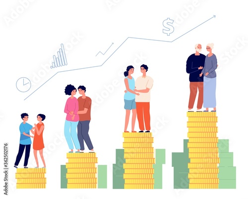 Retirement savings plan. Smart retired, pension management. Family money fund, aging man successful invests finance vector illustration. Finance to retirement and investment savings in age