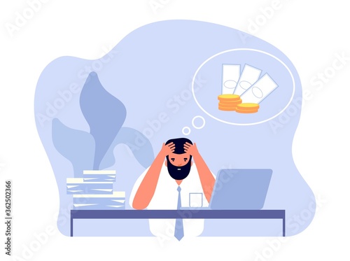 Financial problem. Businessman headache, business trouble and work stress. Frustrated office man need money for pay debt vector illustration. Problem and crisis financial, man with headache © MicroOne