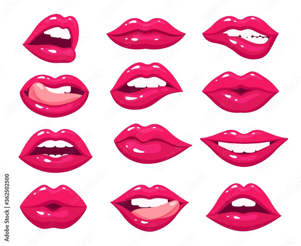 Woman lips. Red sexy mouth, female pink kiss with lipstick makeup. Hot girl  open lip tongue. Isolated glamour smile bite vector set. Female lipstick  makeup, kiss and smile girl lips illustration Stock
