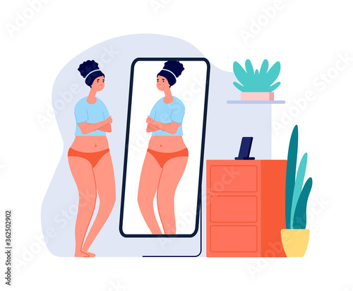 Girl looks in mirror. Depression, identity disorder or mental problems. Overweight, woman unhappy with her appearance vector illistration. Female watch to mirror, woman with over weight
