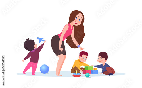 Kindergarten time. Cute cartoon toddlers, adorable teacher. Young nanny or babysitter and playing kids vector illustration. Kindergarten nanny, cartoon babysitter play with baby