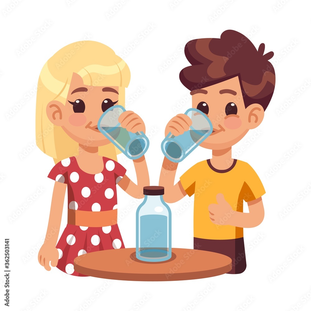 Kids drink water. Children with glass cup, thirsty boy girl. Healthy  lifestyle of cute happy child. Cartoon brother sister and bottle vector  illustration. Character with clear beverage freshness Stock Vector | Adobe