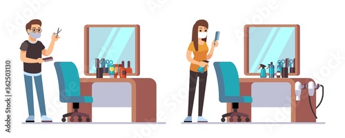 Hairdresser characters. Welcome to barbershop, male female barbers waiting customers. Man woman stylists chairs, haircut accessories and mirrors vector illustration. Barbershop with hairdresser team