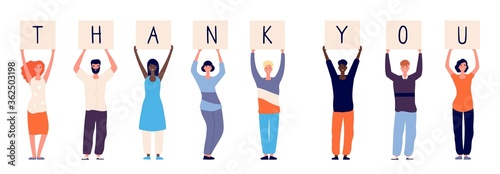 People holding thank you. Woman man standing with plates letters. International crowd thanks doctors paramedics police and other vector illustration. Thank you friendly holding banner with letters