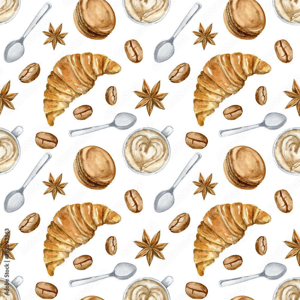 Watercolor coffee with croissant seamless pattern. Croissant, coffee cup, macarons, spoon, spices, grains. Aromatic breakfast wallpaper hand painted