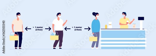 Safe distance. Social precautions, queue people group in protective masks. Prevent risk infection, keep self spaces. Waiting line in store, virus warning and protect vector illustration