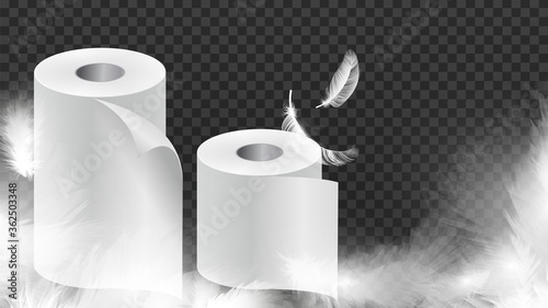 Realistic toilet paper. Soft white papers or cloth rolls with feathers banner. Hygiene, kitchen or bathroom equipment vector illustration. Realistic toilet soft bathroom sheet, sanitary cleaner wipe