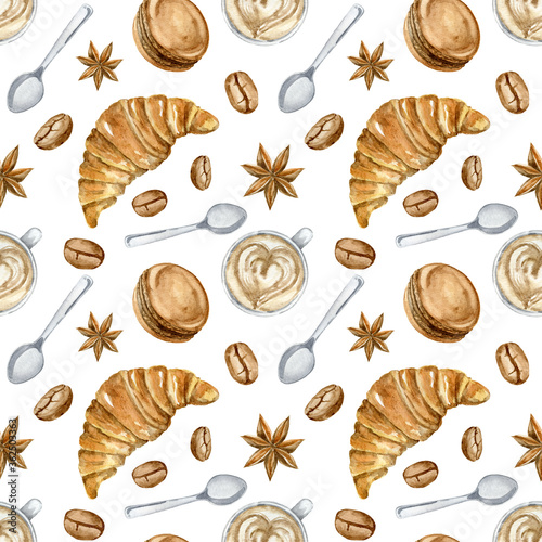 Watercolor coffee with croissant seamless pattern. Croissant, coffee cup, macarons, spoon, spices, grains. Aromatic breakfast wallpaper hand painted