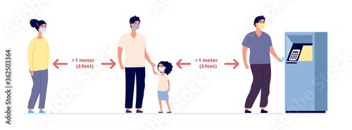 Social distance. Safe self precautions infographic, people wearing protective masks. Face mask for protect virus risk. Woman man kid prevent coronavirus infection in queue to atm vector illustration