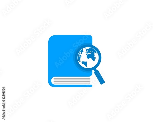 Book with magnifying glass and earth