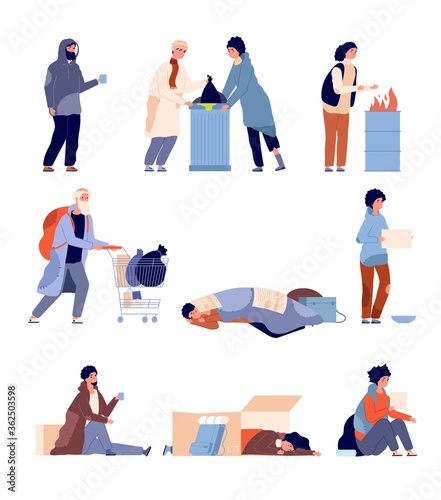 Homeless people. Beggar person, poor man need helping and charity. Isolated cartoon poverty dirty and hungry refugees vector illustration. Homeless and beggar, man poverty need help