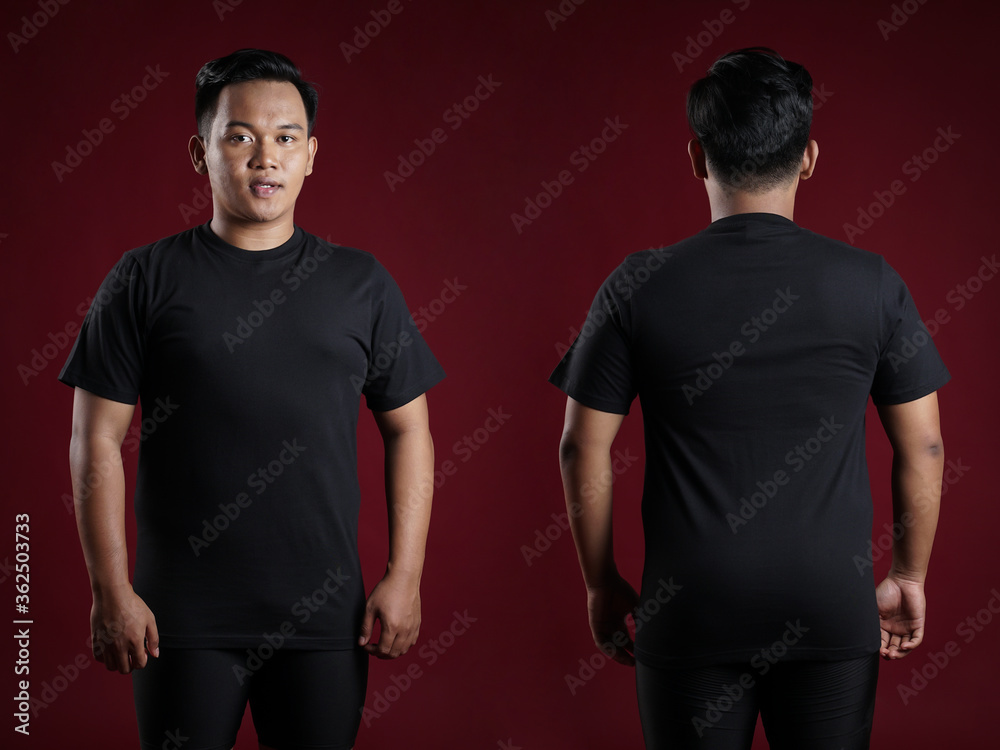 Front and rear portrait of a young man. Young male in blank black t-shirt, front and back view, isolated red background with clipping path. Design men tshirt template and mockup for print. Front and rear portrait of a young man. Young male in blank black t-shirt, front and back view, isolated red background with clipping path. Design men tshirt template and mockup for print.