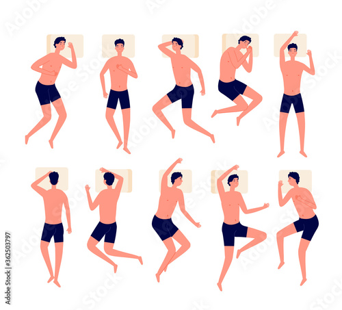 Man sleeping. Sleep position, young person on bed in different poses top view. Flat boy night time in comfort postures vector illustration. Man position in bed with pillow