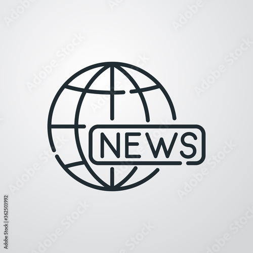 Concepto noticias en internet. Icono plano lineal palabra NEWS con globo terráqueo en fondo gris