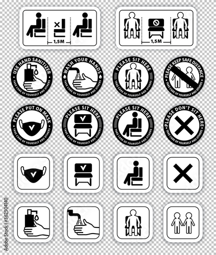 Warning signs on transparent background.. Keep distance between people. Do not sit here. Keep safe distance. Wash your hands