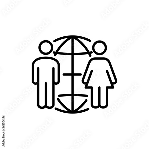 Concepto red social. Icono plano lineal globo terráqueo con hombre y mujer en color negro
