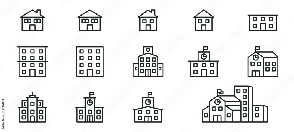 building icon set line vector, school, university, office, city, real estate