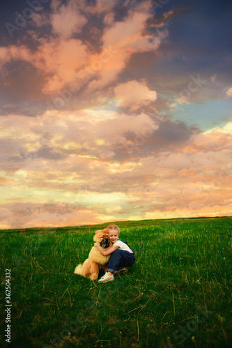 happy little girl with pigtails in denim overalls plays on the street with a big chubby dog. The concept of love for animals. Take care of animals. Happy child. Dog breed Chao Chao 