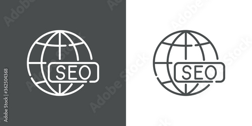 Concepto posicionamiento en buscadores. Icono plano lineal globo terráqueo con palabra SEO en fondo gris y fondo blanco